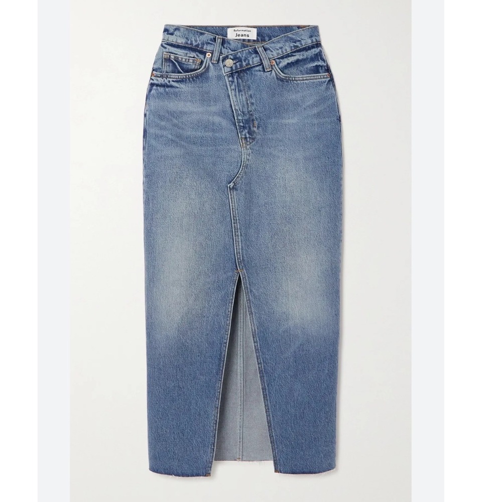 $168 Reformation Nila Long Denim Jean Skirt Blue Crossover Waist Midi Slit 26 4 - Picture 9 of 15
